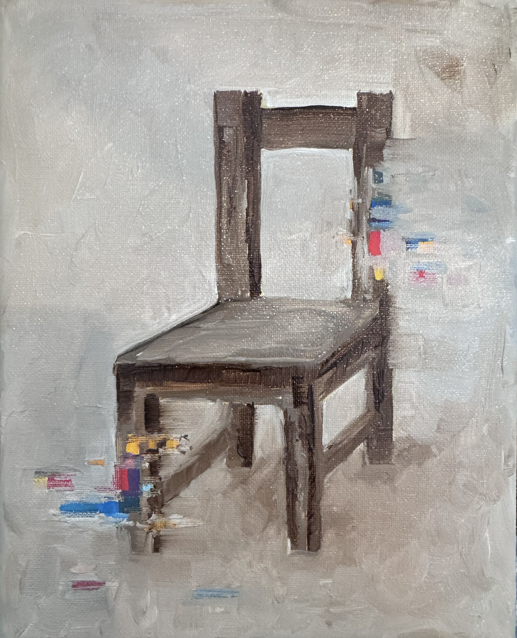 Oil painting of a solitary wooden chair interrupted by colorful glitch-like marks
