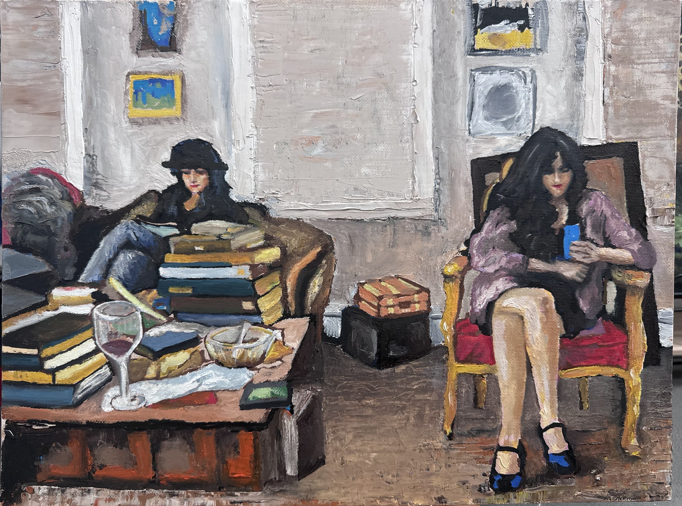 Oil painting of two people reading among stacks of books