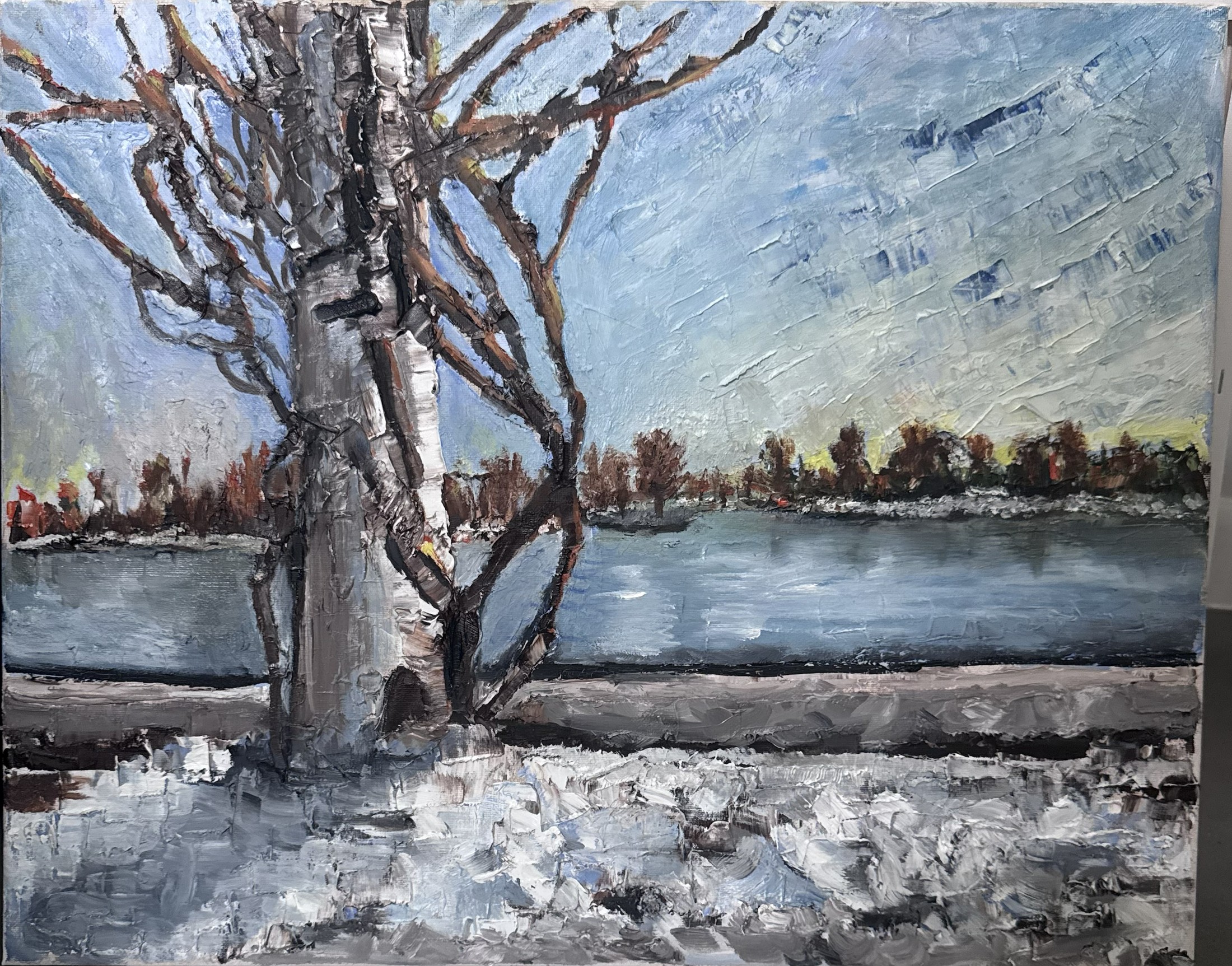Textured oil painting of a tree beside water in winter