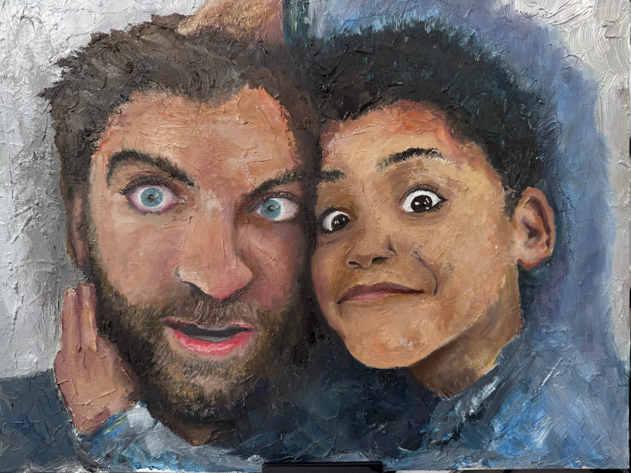 Close double portrait in oil of two people making playful expressions