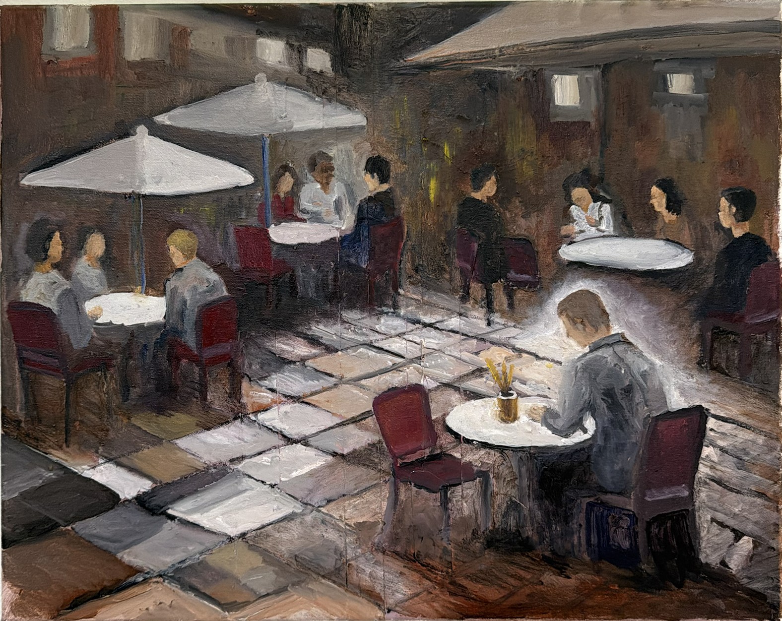Oil painting of people seated at tables in an evening café