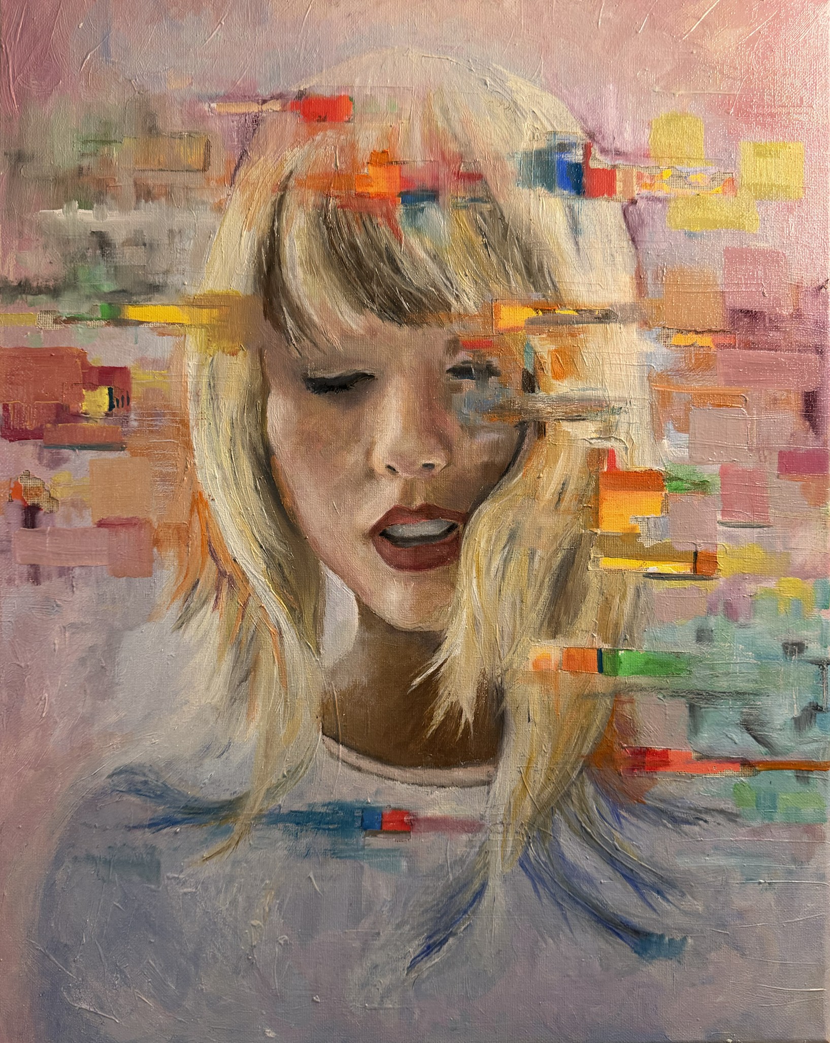 Oil portrait of a blonde woman interrupted by colorful horizontal marks