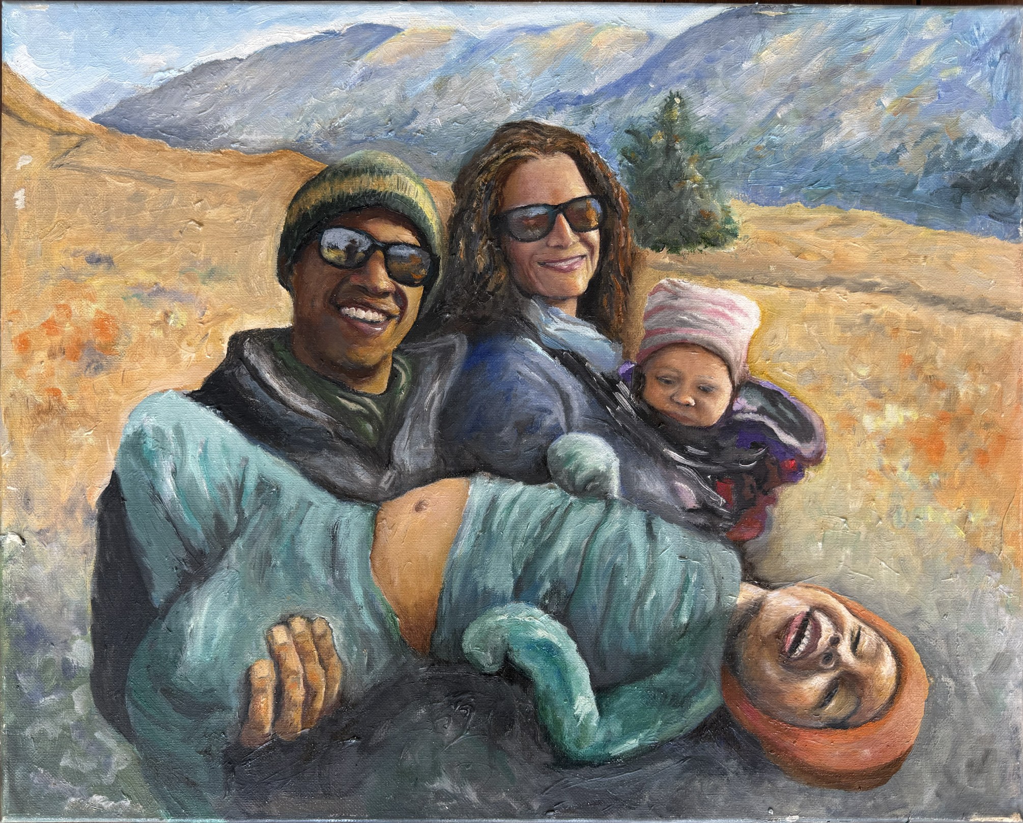 Outdoor family portrait in oil with mountains in the background