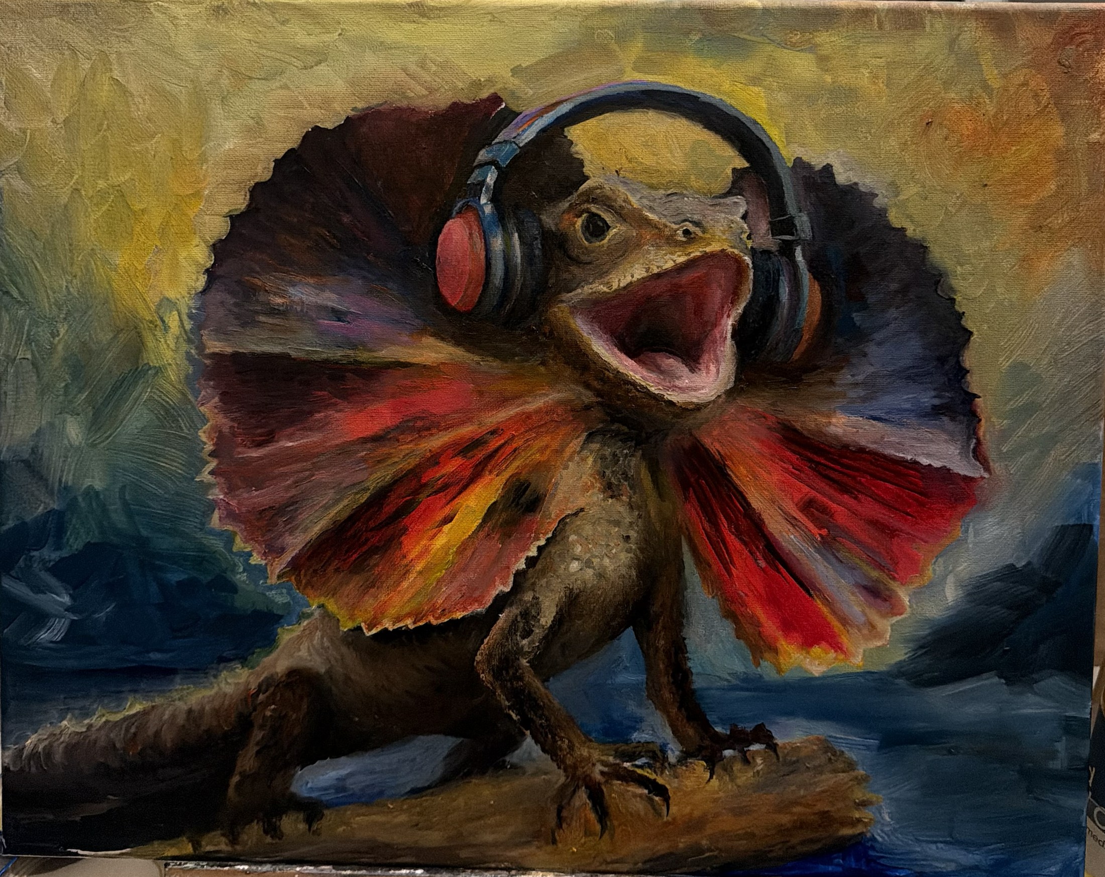 Oil painting of a frilled lizard wearing headphones