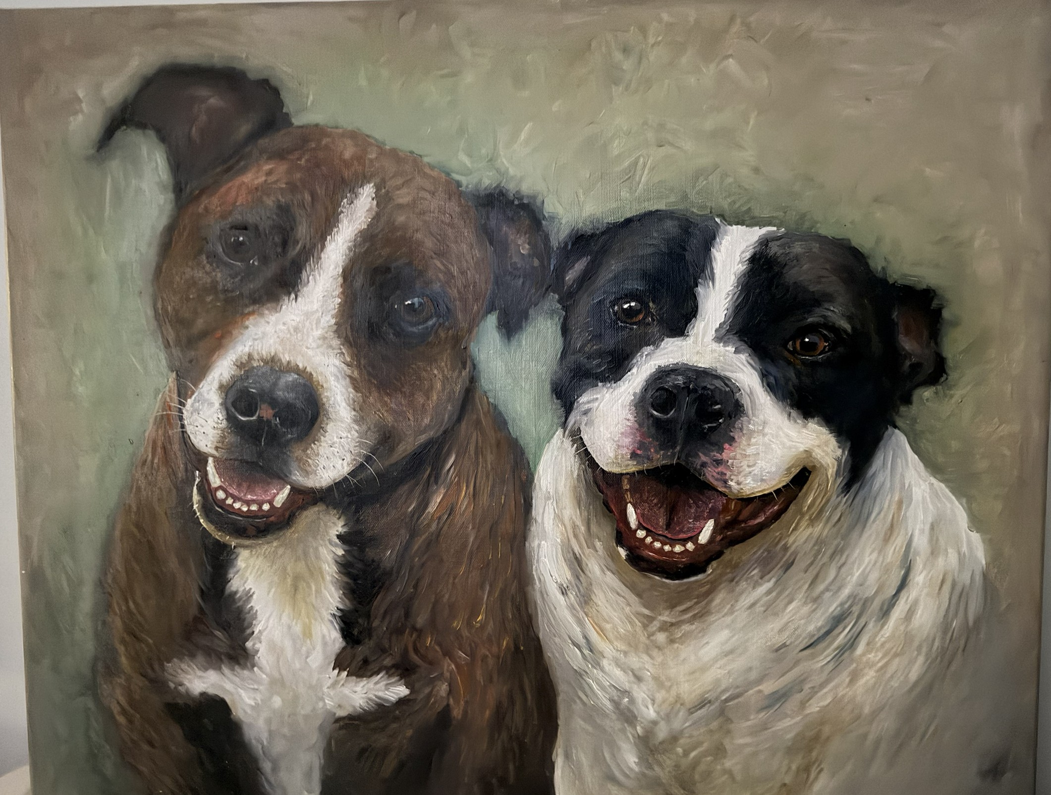 Oil portrait of two smiling dogs