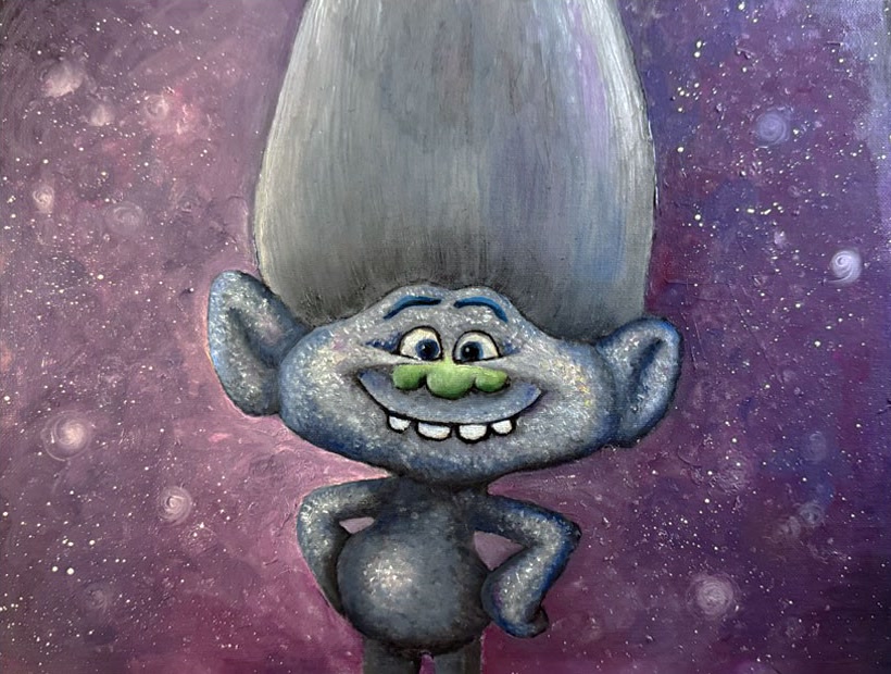 Oil painting of a silver-haired troll against a purple galaxy