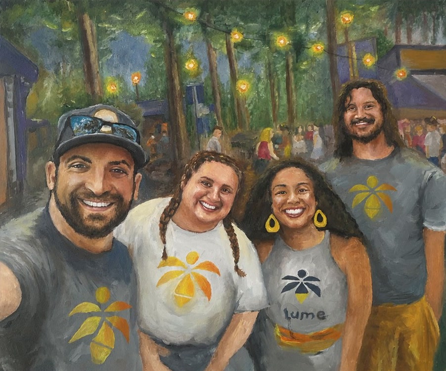 Oil group portrait outdoors beneath string lights
