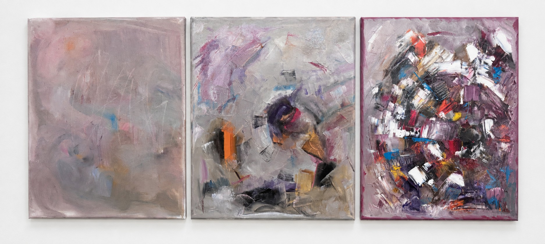Three textured abstract oil paintings installed together on a white wall