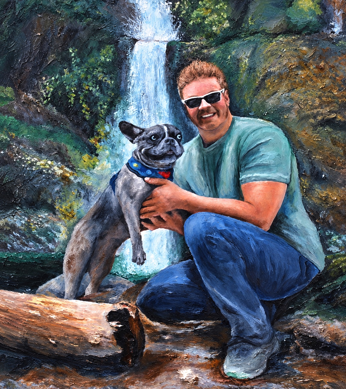 Oil portrait of a man and dog beside a waterfall