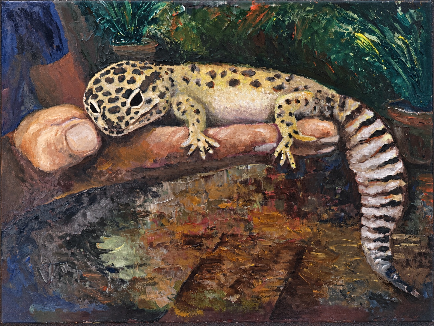 Oil portrait of a leopard gecko resting across a person's hands