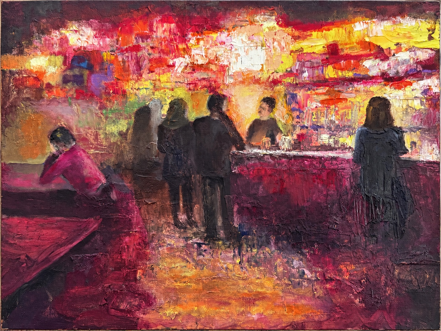 Vibrant oil painting of figures gathered inside a glowing bar
