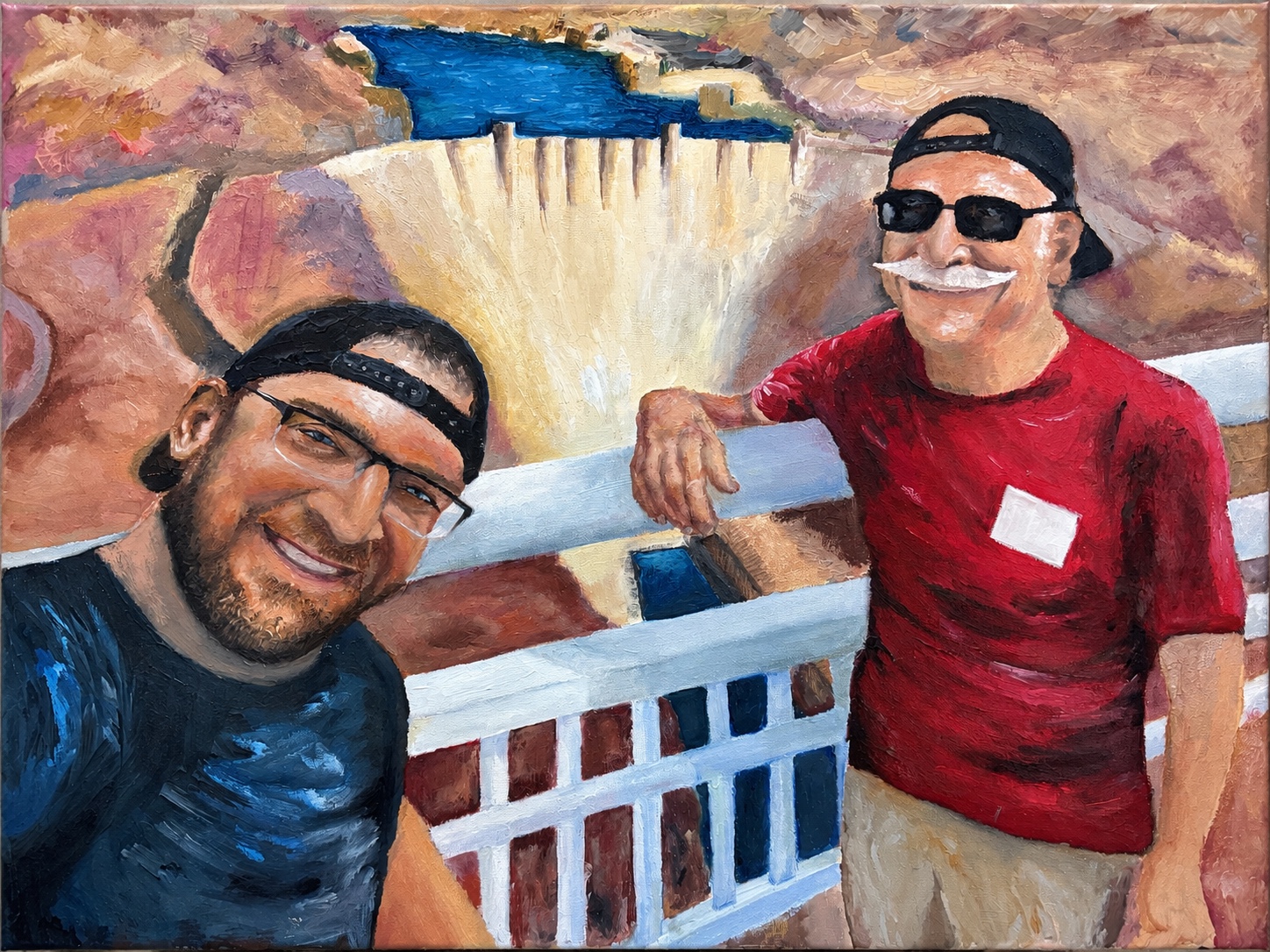 Oil portrait of two men visiting Hoover Dam